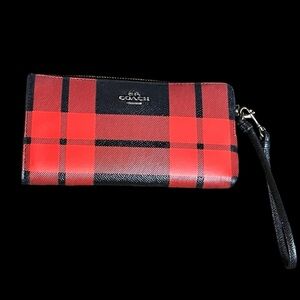 Coach Plaid Wristlet Wallet Red and Black Tartan